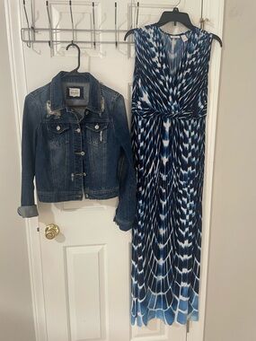 Navy White Patterned Sleeveless Maxi Dress Chicos small (sz1) small Jean jacket